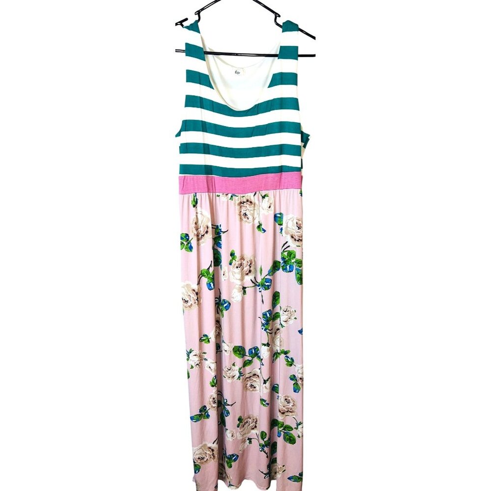 Égs  1XL Tank-Style Maxi Dress Green Striped & Pink Floral Print Side Pockets